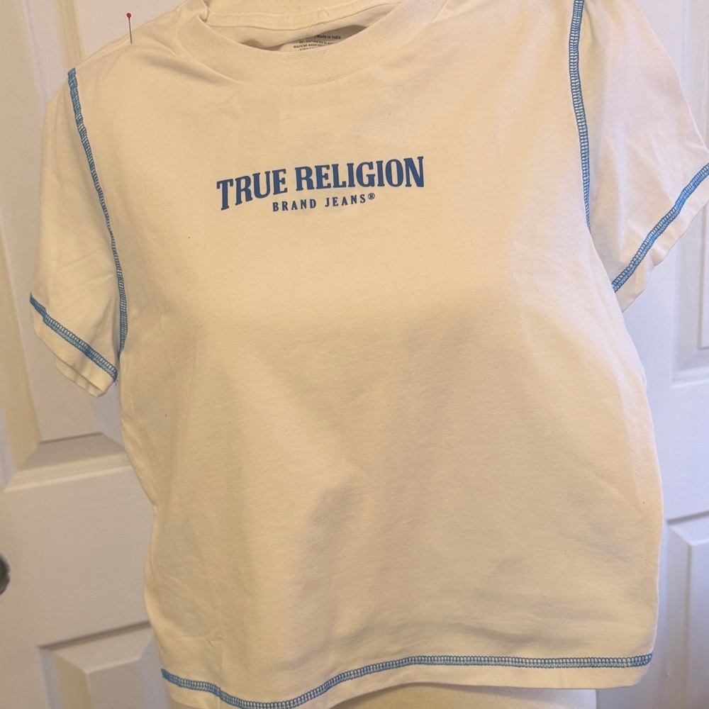 True Religion Cream Tee with Blue Details